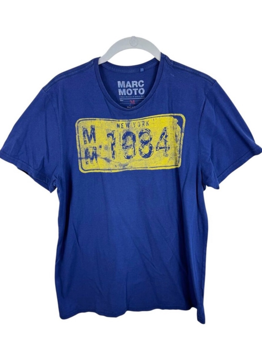 Marc Moto Blue New York License Plate Short Sleeve Crew Neck T-Shirt Unisex Sz M